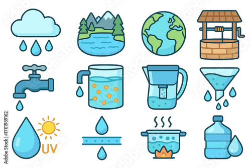 Water sources and purification methods icons and symbols set, educational vector cartoon illustration, clean water concepts, earth, well, tap, filtration, boiling, UV treatment, transparent background