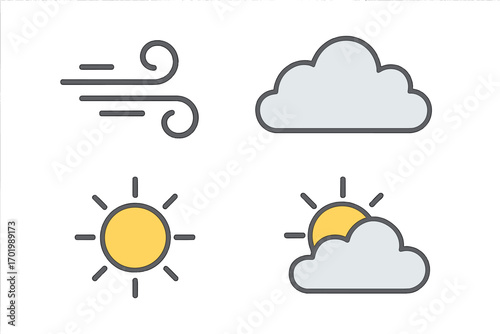 Minimalistic weather icons set featuring wind, clouds, sun, and environmental elements, vector cartoon illustration with transparent background, clean design for forecasts