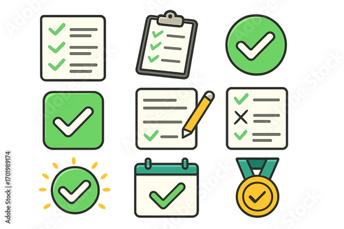 Various checklist and task completion icons set, green check marks, clipboard, calendar, pencil, achievement medal, task management, productivity, organization, cartoon vector illustration