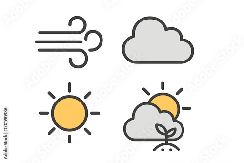 Minimalistic Weather Icons Set with Wind, Clouds, Sun, and Environmental Effects, Vector Cartoon Illustration, Transparent Background, Ordered Collection for Design Use