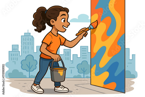 Woman painting colorful abstract mural art with brush and paint bucket, urban street art artist creating vibrant modern graffiti in cityscape, creative expression
