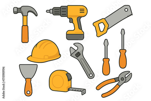 Various construction tools set with minimalist cartoon design, including hammer, drill, saw, hard hat, wrench, screwdriver, tape measure, pliers, scraper, toolkit equipment vector illustration