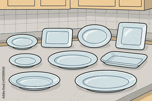 Various styles of clear glass plates and platters set arranged for kitchen display, transparent background, vector cartoon illustration, ordered glassware collection for dining