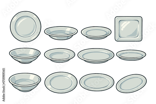 Clear glass plates and platters collection, assorted styles and shapes, transparent kitchenware vector illustration, cartoon style dinnerware set, elegant tableware design