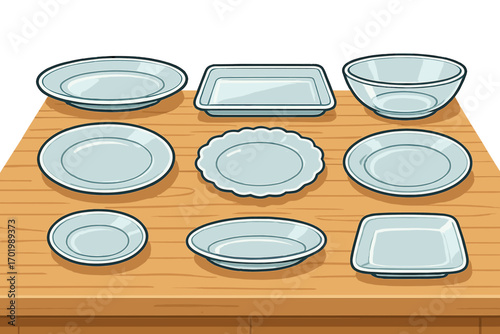 Various styles of clear glass plates and platters set, kitchen tableware collection, transparent vector cartoon illustration, assorted dishes, organized display, kitchenware objects