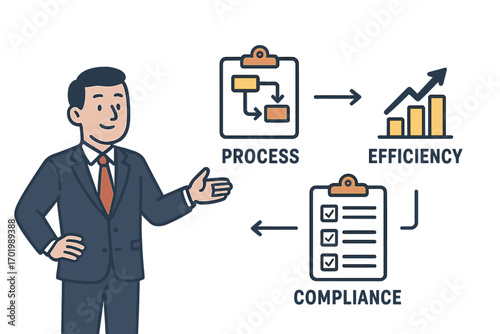Business process flow chart, corporate compliance checklist, efficiency growth graph, teamwork workflow, corporate management, organizational success concept, vector cartoon illustration