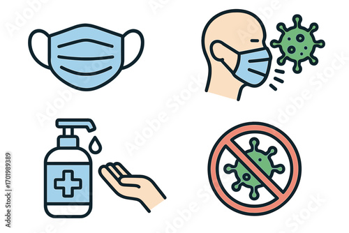 Vector icons depicting health safety measures against infectious diseases and viruses including face mask, hand sanitizer use, prevention symbol, modern vector cartoon illustration