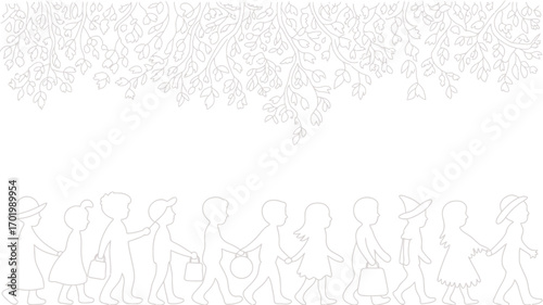 A line drawing of children walking with bags under hanging leaves in a white background illustration