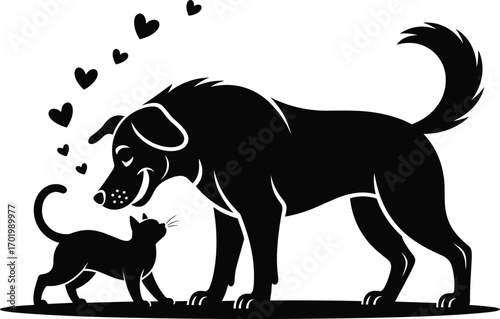 Silhouette dog and cat showing love and friendship with hearts above, animal bond vector illustration, pet care and affection