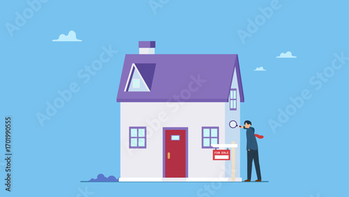 Curios businessman using magnifying glass to see house details. House inspection, home, property and real estate price evaluation, mortgage and loan analysis, search for housing investment.