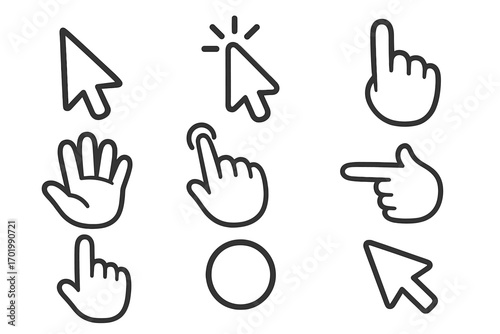 Cursor and hand gesture icon set for web and user interface design. Vector collection of pointers, click, touch, and navigation symbols. UI UX elements for website interaction.