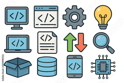 Software development icon set for programming and coding. Web and app development technology concepts. Vector illustration collection of code, data, computer, and process signs.