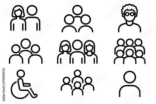 Diverse people line icon set. Group, community, team, and user symbols. Vector collection for web and apps. Includes disability, senior, and crowd pictograms. Social diversity.