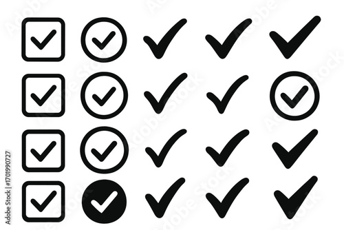 Checkmark icon set with various shapes and styles. Collection of black tick symbols for checklists, voting, and approval. Vector graphic elements for yes, ok, correct signs.