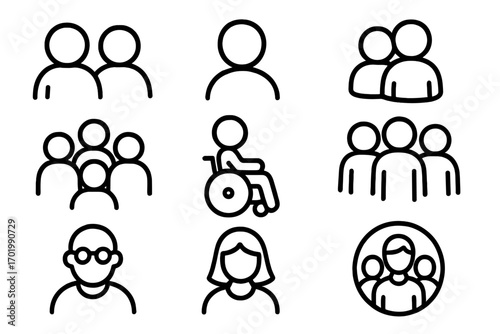 People line icon set. User profile, group, team, and community symbols. Vector collection for UI design. Avatar, person, and pictogram illustrations. Includes disability icon.