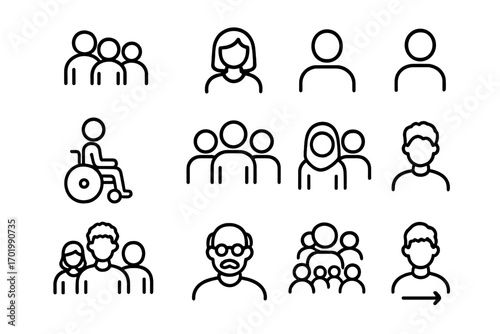 Diverse people line icon set. User avatars for community and teamwork. Vector icons for inclusion, disability, multicultural groups, and business teams. Profile pictograms.