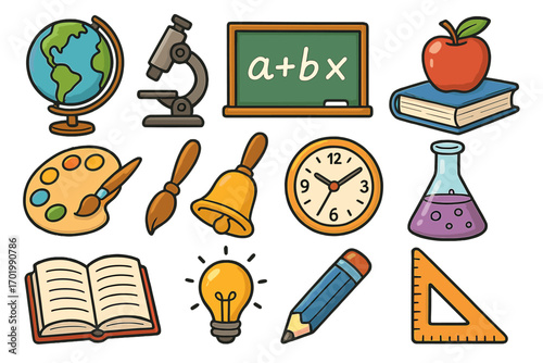 Education icons set. School subjects collection. Vector cartoon illustration for learning. Includes globe, microscope, book, pencil, art palette, and math formula icons.