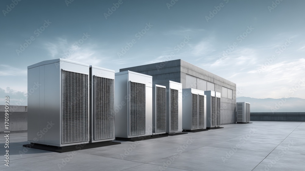 Fototapeta premium Rooftop HVAC Units: Commercial Air Conditioning and Ventilation Systems Against a Clear Blue Sky for Cooling and Heating