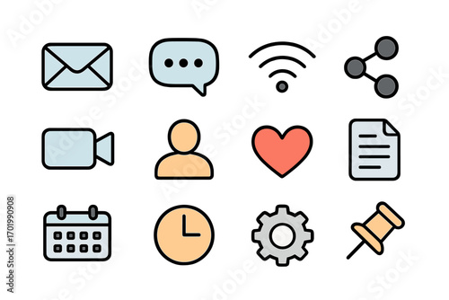 Modern universal icons set for web and mobile. Flat line style symbols for social media, business, and communication. Vector collection of mail, chat, share, user, and like signs.