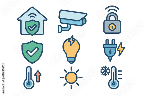 Smart home technology vector icon set for web and mobile app interface. Home automation system with security camera, climate control, and energy saving outline symbols.