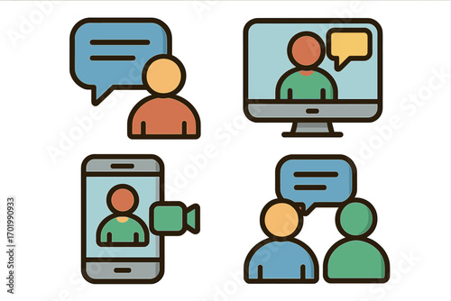 Online communication icon set. Vector flat icons for virtual meetings, video calls, chat, and webinars. Digital interaction and remote work concepts for business.
