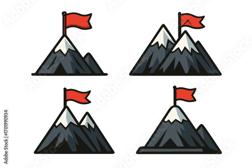 Mountain peak with red flag icon set. Metaphor for success, achievement, reaching a goal, and mission accomplishment. Business leadership and victory concept vector illustration.