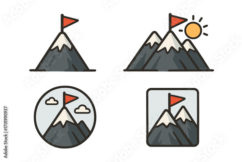 Mountain with flag icon set. Metaphor for business success, reaching a goal, achievement, and mission accomplished. Vector illustration for victory, leadership, and challenge.