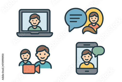 Online communication icon set. Virtual meeting, video conference, webinar, chat, and streaming symbols. People using laptop and smartphone. Vector cartoon illustration pack.