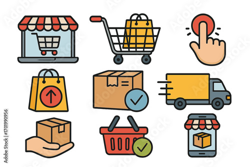 Online shopping and e-commerce icon set. Vector collection of delivery, logistics, and retail symbols. Web store, cart, package, and mobile purchase icons illustration.
