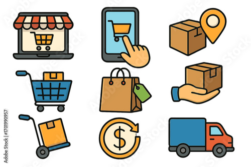 Set of e-commerce and delivery icons for online shopping. Symbols for logistics, shipping, retail, mobile commerce, package tracking, webstore, and refund concepts.