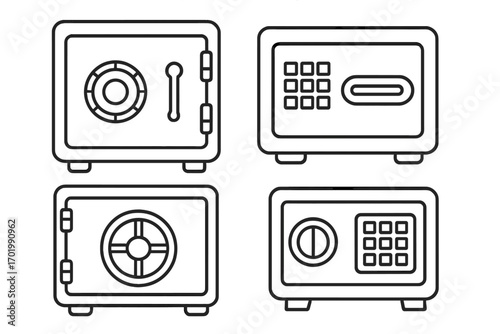 Set of safe and deposit box outline icons. Vector collection of security symbols for finance and banking. Includes combination lock, digital keypad, and key access designs.