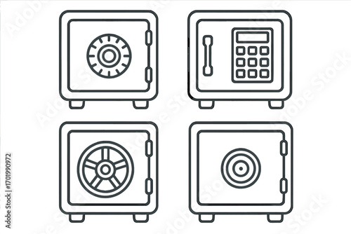 Safe and strongbox outline icon set. Vector collection of security boxes with combination and digital locks. Finance, money protection, and banking concept. Minimalist line art.