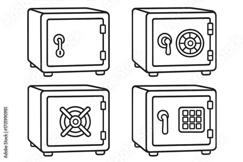 Collection of safe outline icons. Set of various bank deposit boxes. Vector graphic of security, money protection, and finance. Secure vault with combination lock, digital keypad.