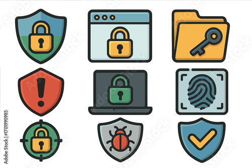 Cybersecurity icon set for data protection and online safety. Vector collection of security symbols like shield, lock, fingerprint scan, antivirus, and password access.