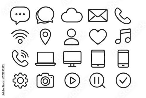 Simple line icon set. Web and mobile communication symbols. Vector pictograms for UI UX design, app, digital projects. Business, social media, contact, and interface elements.
