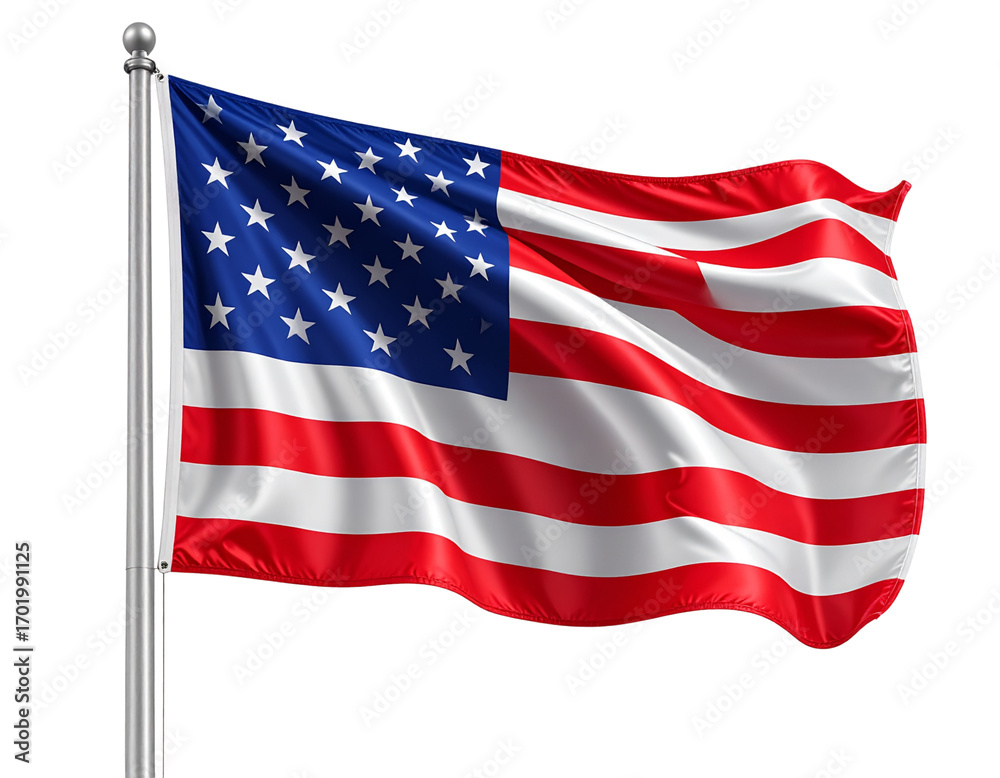Fototapeta premium Waving United States Flag on Pole, Realistic Fabric Texture, Isolated on Transparent Background”
