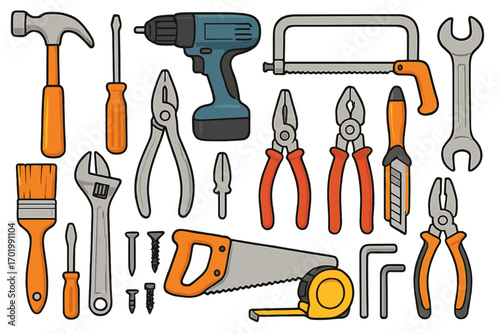 Hand tools vector set for construction and repair. DIY hardware equipment collection. Cartoon illustration of hammer, saw, drill, screwdriver, pliers and wrench icons isolated.