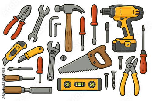 Hand tools set for DIY projects. Repair and construction equipment collection. Workshop icons. Hammer, screwdriver, wrench, saw, drill, pliers. Vector cartoon illustration.