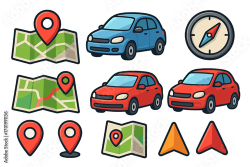 Navigation icon set for GPS and maps. Vector collection with car, location pin, compass, and route marker. Travel and transport concept for destination and direction finding.