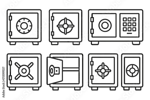 Safe icon set. Collection of bank deposit box line art symbols. Vector security and protection concept. Finance money storage strongbox. Vault with combination lock and keypad.