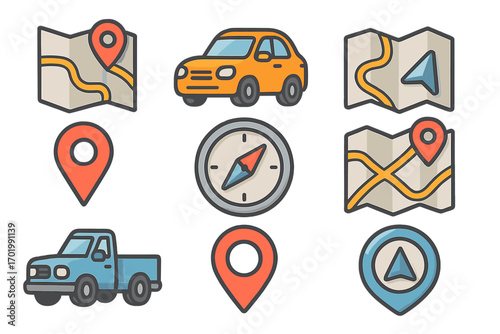 Set of navigation and travel icons for GPS and maps. Vector illustration includes car, truck, compass, route, and location pin markers. Geolocation and transport concept.