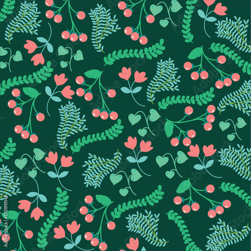 Seamless Floral Pattern with Green Leaves and Red Berries on Dark Background 