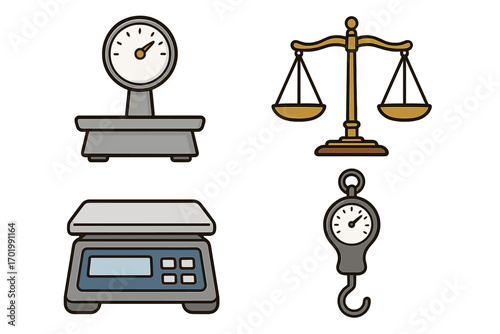 Vector set of various scales for measuring weight. Includes balance scale for justice, digital, and mechanical scales. Symbol of law, equality, fairness, and measurement. Icon.