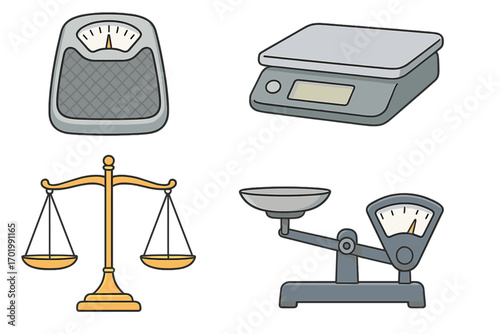 Set of scales icon collection. Weighing balance for justice, law, libra. Kitchen scale for food, cooking, diet. Bathroom scale for body weight measure. Vector illustration.