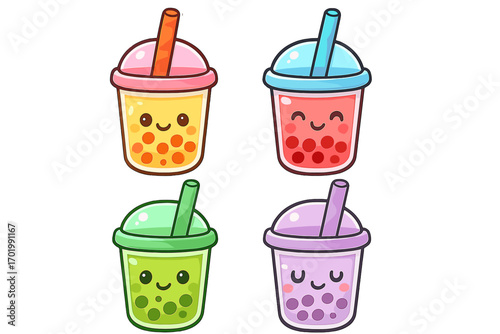 Cute bubble tea characters. Kawaii boba drink cartoon vector illustration set. Pearl milk tea in transparent plastic cups with smiling faces. Colorful happy food icons.