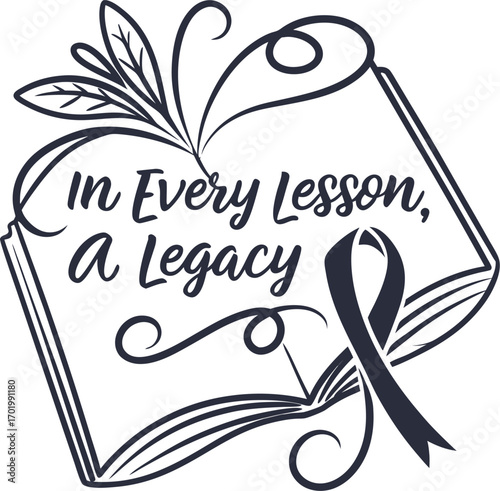 Vector art of in every lesson, a legacy open book with ribbon and foliage design