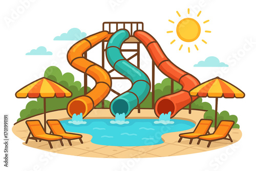 Water park with colorful slides and swimming pool. Summer vacation fun and outdoor leisure. Aquapark resort for holiday relaxation. Vector cartoon illustration concept.