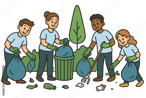 Community volunteers in park cleanup event. People collect trash for recycling, promoting environmental sustainability. Ecology and teamwork concept. Vector cartoon illustration.