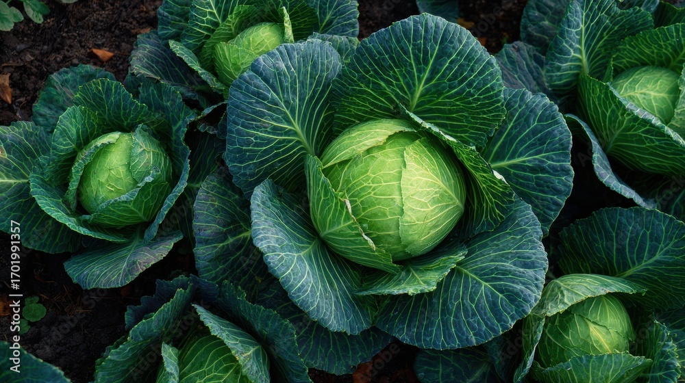 Fototapeta premium Top view of cabbage patch with fully grown heads surrounded by dark soil 