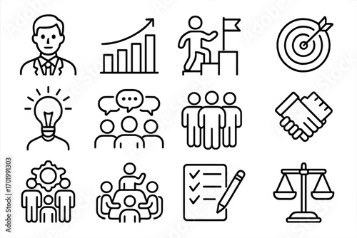 Business line icon set. Vector collection of modern outline symbols. Teamwork, goals, growth, strategy, idea, success, communication, meeting, partnership and ethics.